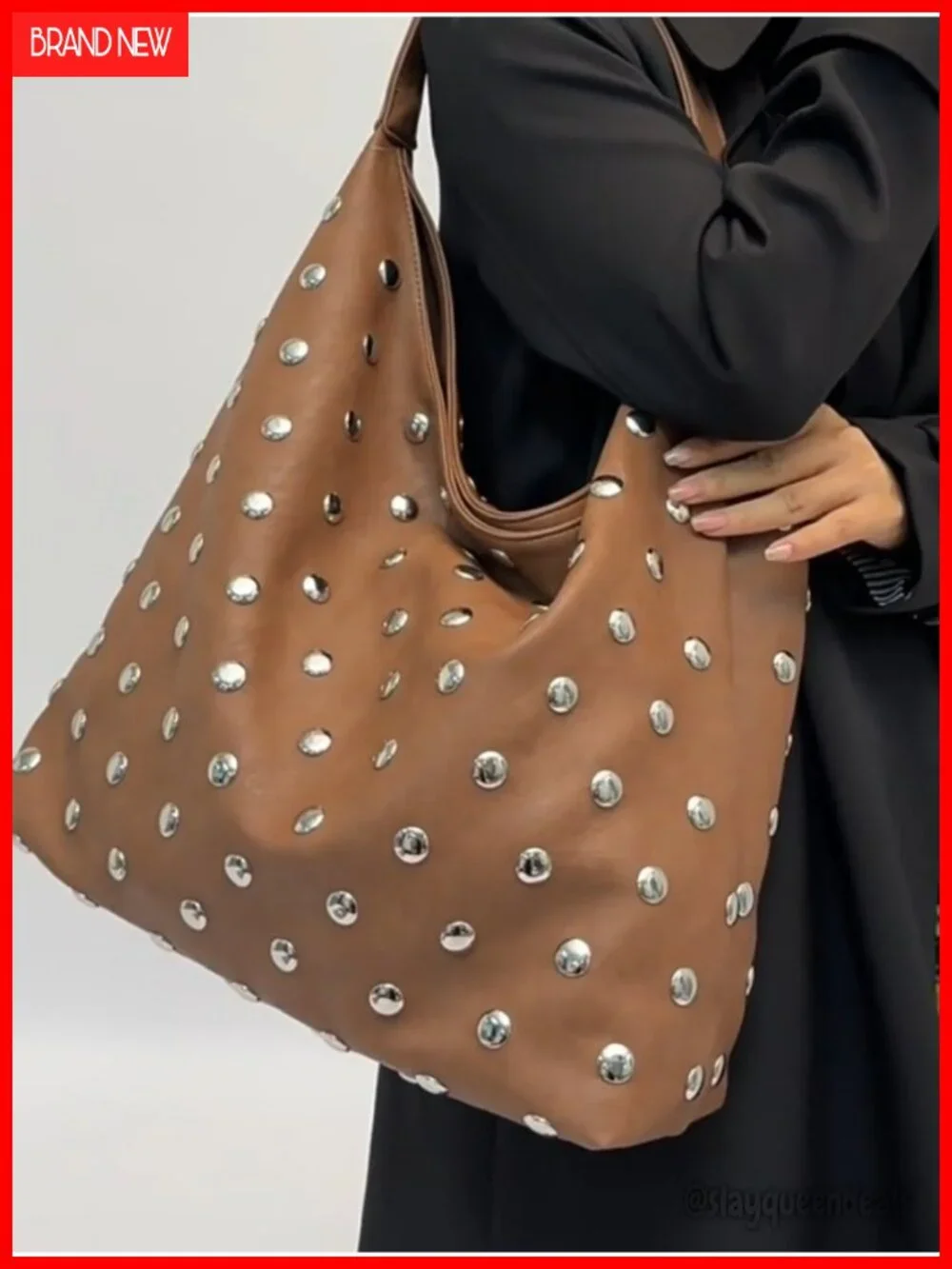 Vegan Leather Studded Hobo Bag Large Capacity Slouchy Shoulder Tote Y2K Punk